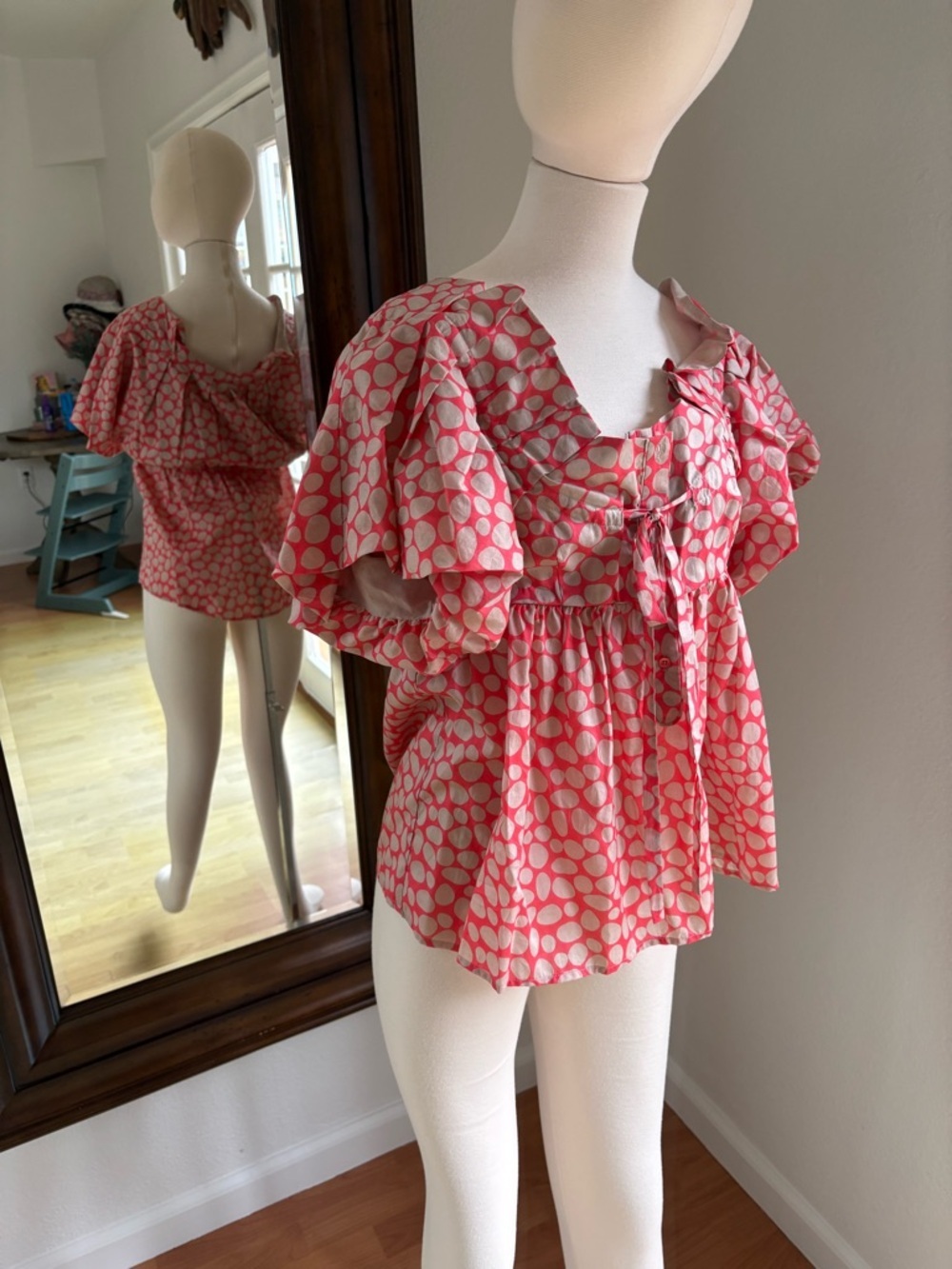 Pink Printed Ruffle-Sleeve Women's Blouse with Tie Front